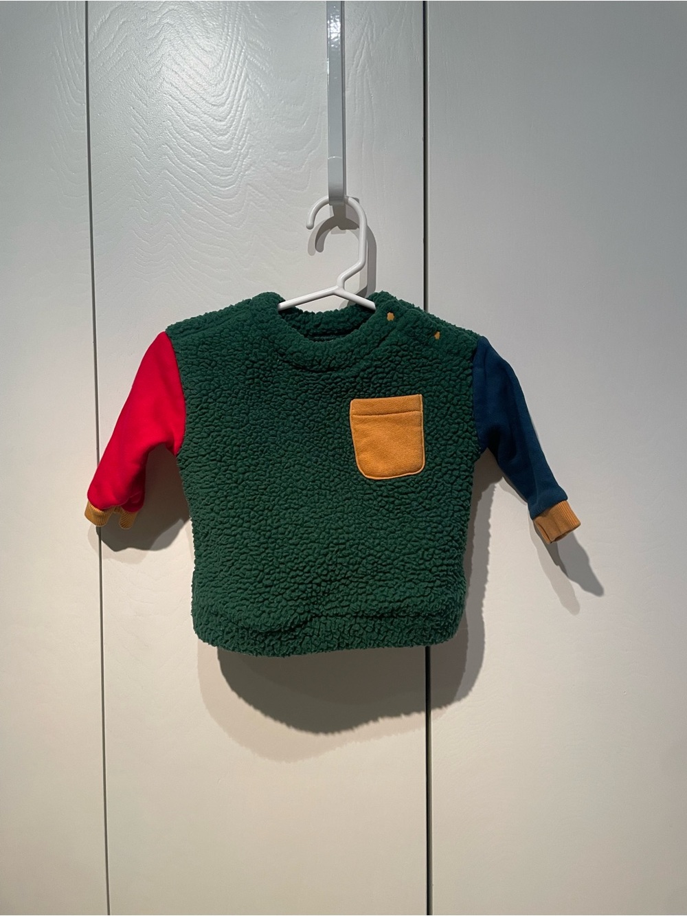 Old Navy Green Sherpa Pullover with Red and Navy Sleeves and Yellow Pocket